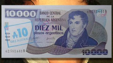Billete de 10 mil Pesos Argentinos convertido en 10 Australes.