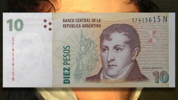 Billete de ARS 10, el típico “marrón” con la cara de Belgrano.